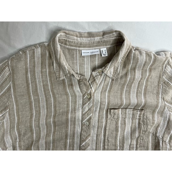 Susan Graver Button Up Blouse Tan White Large Linen Rayon - Picture 6 of 9